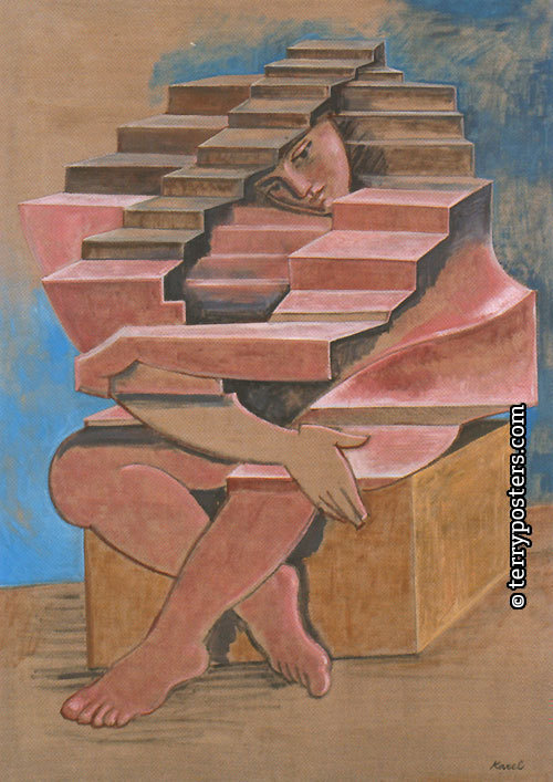 Antropomorfní architektura (Sedící žena - Stupňovitý chrám), 1987 / olej, plátno, 180 x 130 cm /