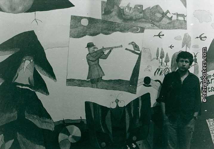 J. Šalamoun před kresbou na zdi na Expo výstavě v Montrealu - český pavilon